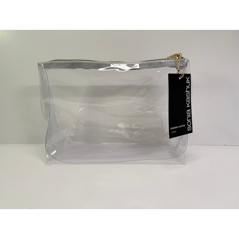 Sonia Kashuk Clear Square Cosmetic Clutch – Gold Zip Travel Bag (9×6×3)